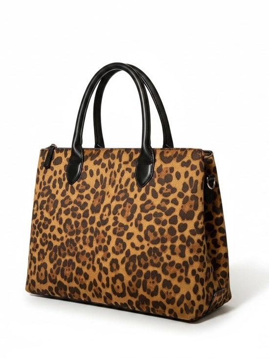 Handbags - Leopard Print Suede Satchel Bag Expandable Sides Top Handle